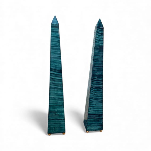 Pair of Handmade Obelisks. Show stopper, Monumental in size, beautifully hand painted Faux Malachite finish on wood with...