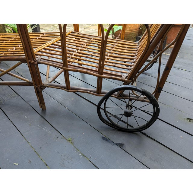1930s Stick Wicker/Reed Chaise With 2 Wheels Cushion Included For Sale In Orlando - Image 6 of 8
