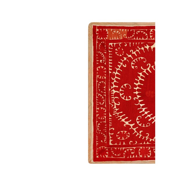 Mid-Century Modern Rich Earth Tones Square Suzani | Brown, Green, & Red Vintage Style Textile Art 3'11'' X 4'9'' For Sale - Image 3 of 10