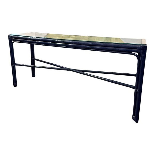 Mid 20th Century Vintage Faux Bamboo Rattan Console Table – Benjamin Moore Old Navy For Sale - Image 5 of 6