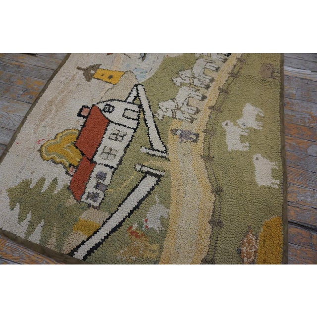 Early 20th Century Artistic Small Size Pictorial Antique American Folk Art Prairie Town Farm Animal Scene Hooked Rug For Sale - Image 5 of 10