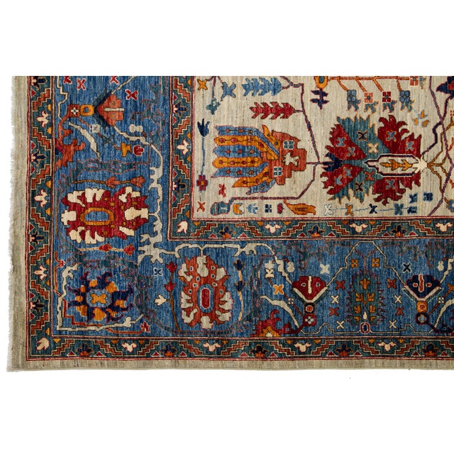 Modern Designed Serapi-Style Wool Rug in Beige and Blue For Sale In New York - Image 6 of 9