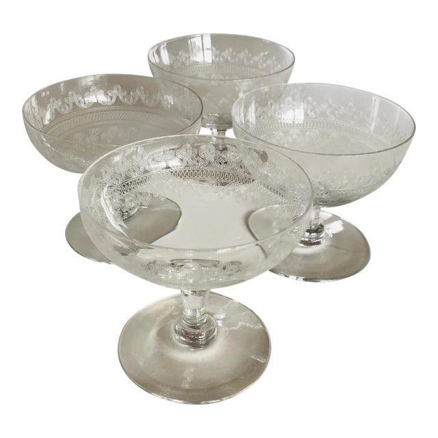 Antique Clear Etched Sherbet/Champagne Glasses S/4 For Sale