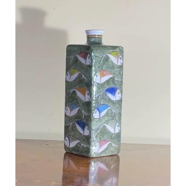 Vintage Hand Painted Square Ceramic Fish Vase For Sale - Image 11 of 11