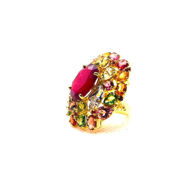 Ruby Red Bochic “Orient” Vintage Diamond, Ruby & Multi Sapphire Ring Set In 18K Gold & Si For Sale - Image 8 of 9