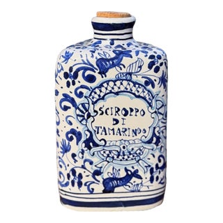 Italian Maiolica Apothecary Jar, Triangular Form, Cobalt Blue & White Pharmacy Vessel For Sale