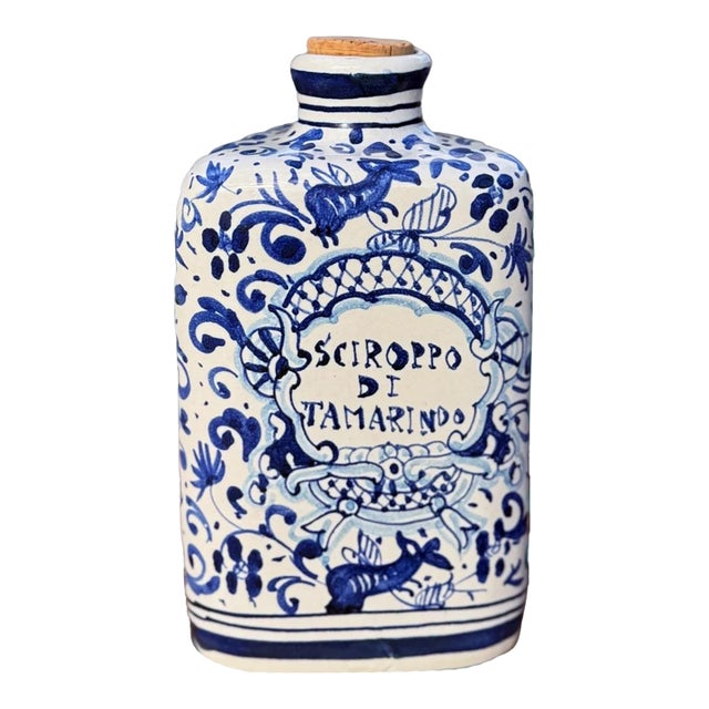 Italian Maiolica Apothecary Jar, Triangular Form, Cobalt Blue & White Pharmacy Vessel For Sale