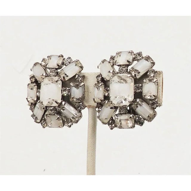 White Vintage 1960s Kramer Rhodium Plated White Givre Clip Earrings - 2 Pieces For Sale - Image 8 of 9