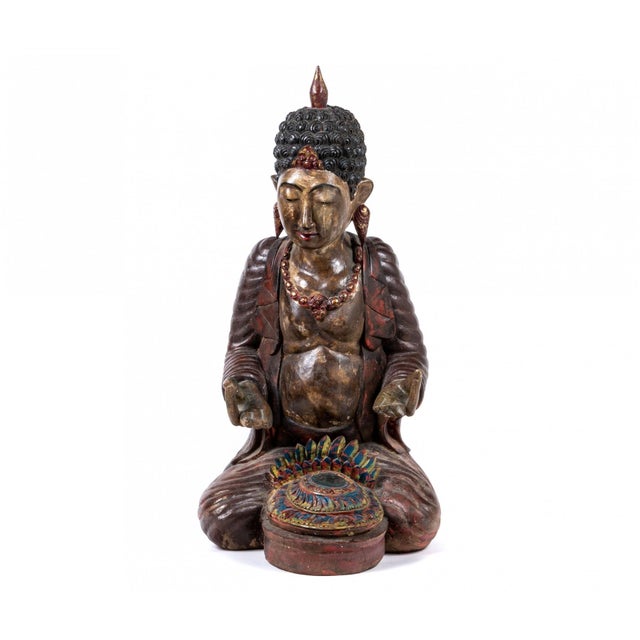 Red Antique Painted and Gilt Carved Seated Buddha Sculpture For Sale - Image 8 of 10