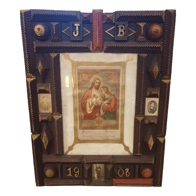 Large Tramp Art Communion Souvenir Frame For Sale