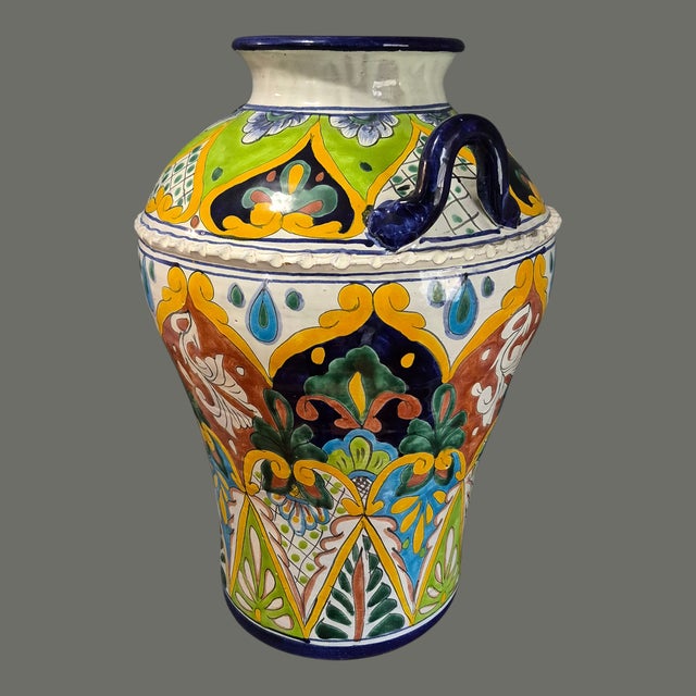 Ceramic Tall Colorful Hand Painted Mexican Pottery Talavera Floor Vase Jug 19'' High For Sale - Image 7 of 10