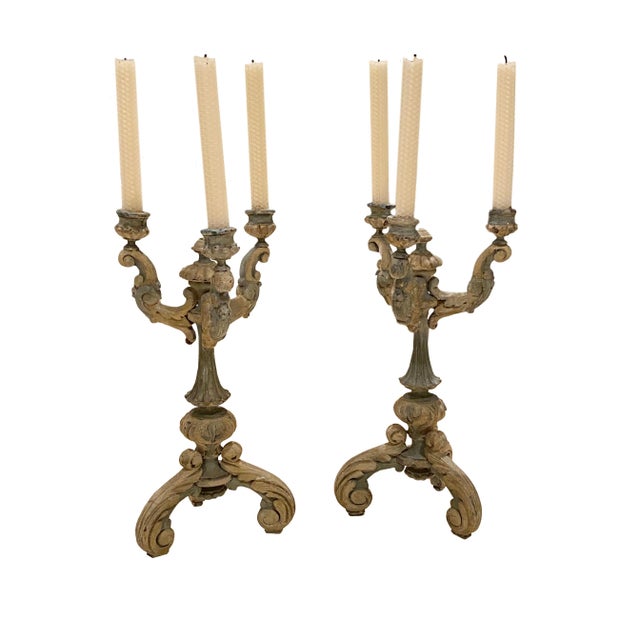 Pair of 18th century French blue wood carved candelabrums.