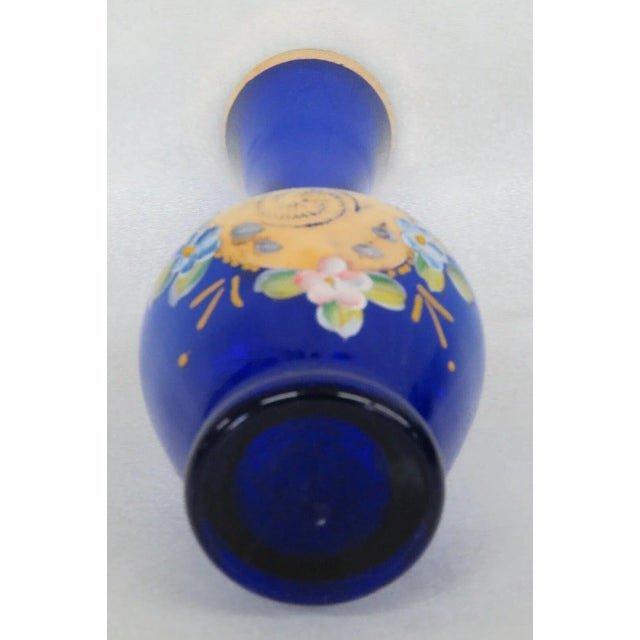 Cobalt Blue and Gold Hand Painted Flowers Czech Bohemian Glass Bud Vase For Sale - Image 11 of 13