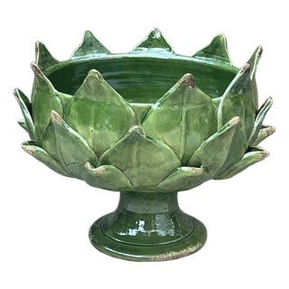 Italian Majolica Artichoke Pedestal Bowl, Emerald Green For Sale