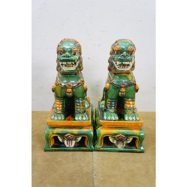 Late 20th Century 2 Chinese Green Sancai Glazed Porcelain Foo Dog Guardian Lion Statues 12" For Sale - Image 5 of 18