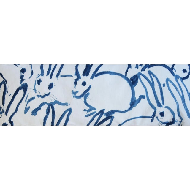 Custom-tailored pillow in designer Hunt Slonem's Lee Jofa Groundworks "bunny hutch" linen fabric depicting abstract navy-...