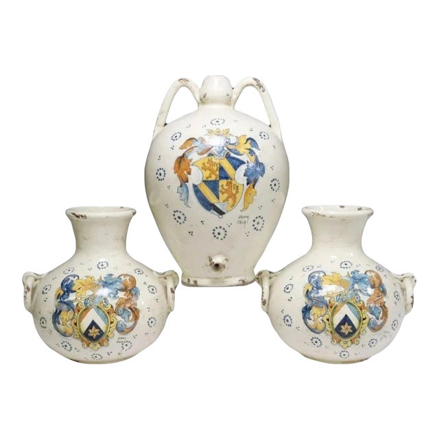 Vintage Italian Hand Painted Majolica Jug & Vase Garniture Set Leona Italy For Sale