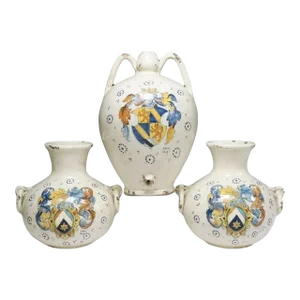 Vintage Italian Hand Painted Majolica Jug & Vase Garniture Set Leona Italy