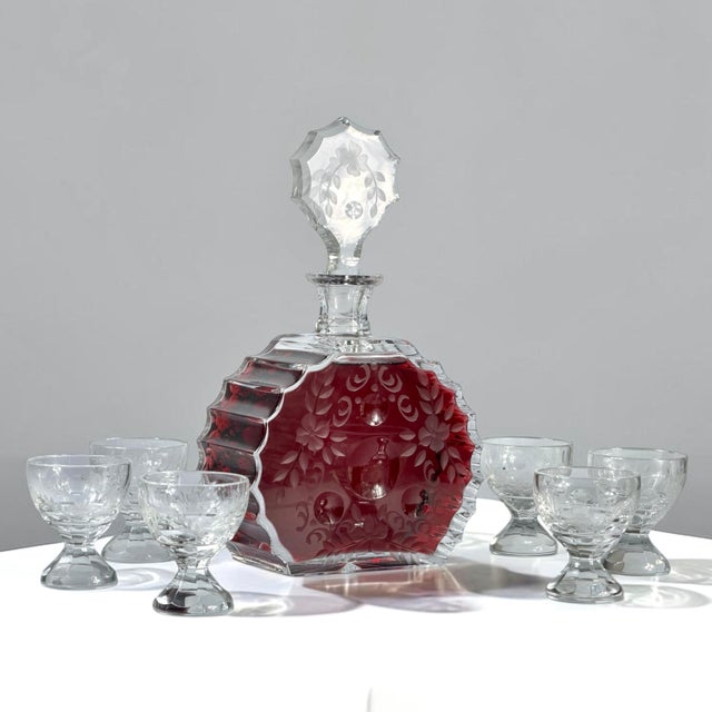 Vintage Art Deco Cut Crystal Decanter and Six Cordial Glasses, 1930s, Set of 7 For Sale - Image 17 of 17