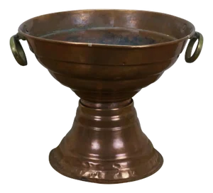 Early 20th Century Footed Copper Planter Jardiniere Urn Pedestal Bowl Pot With Brass Handles