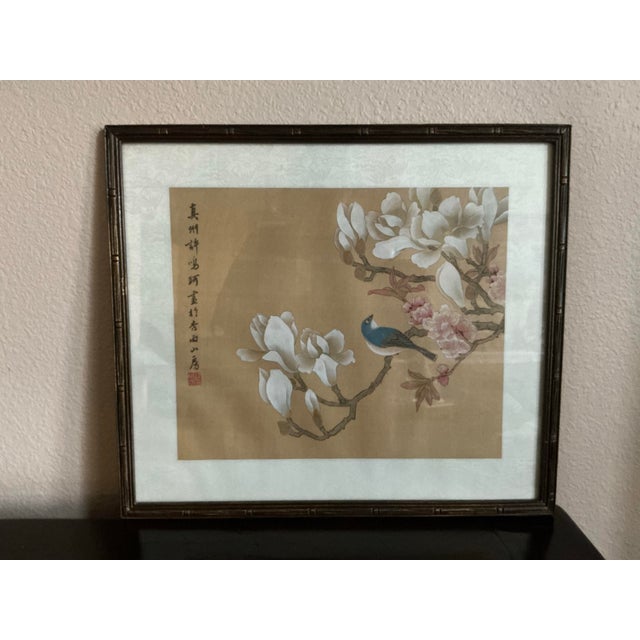 Asian Beautiful Framed East Asian Botanical and Bird Painting For Sale - Image 3 of 12