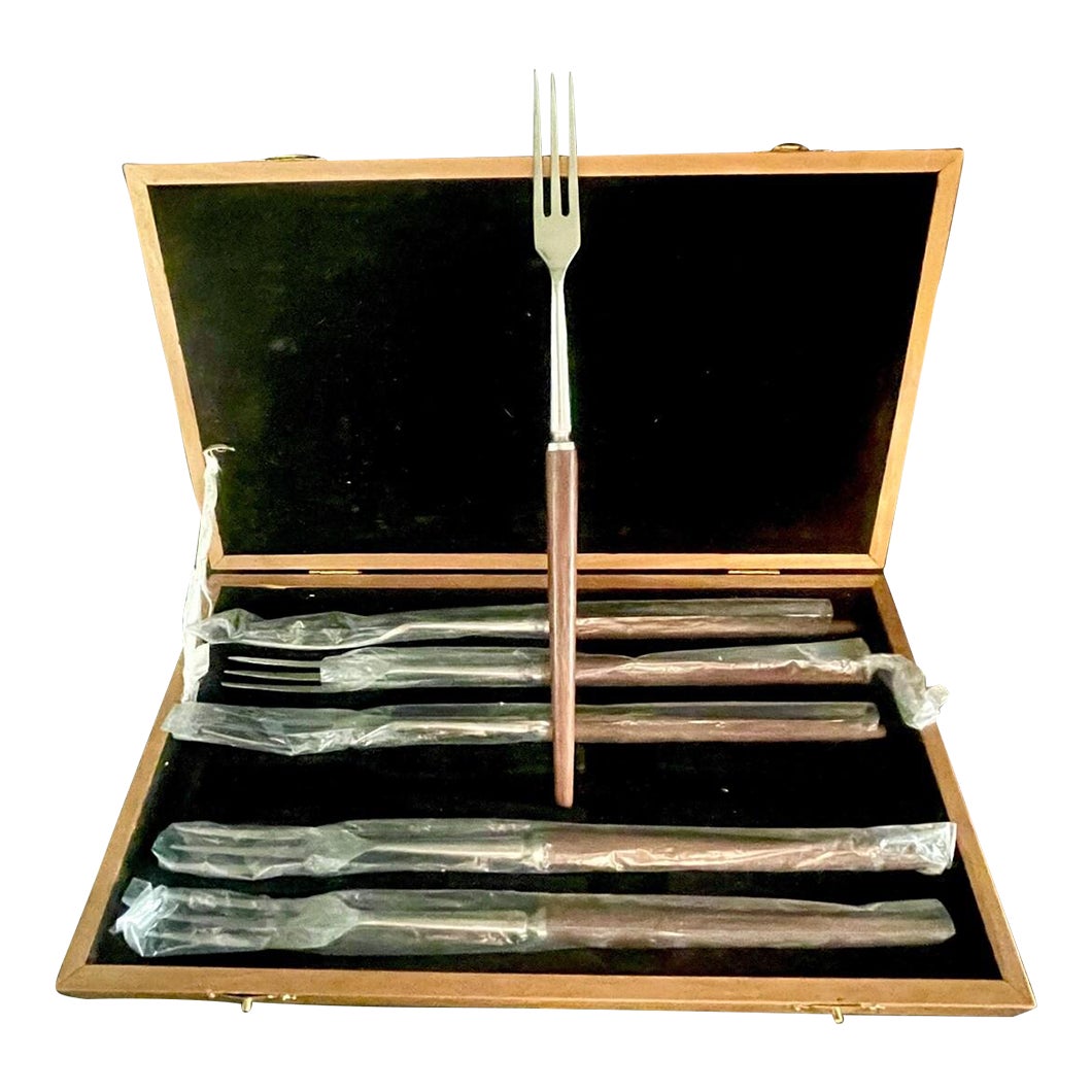 Mid-Century Stainless Steel Fondue Forks – Set of 6 With Wooden Handles ...