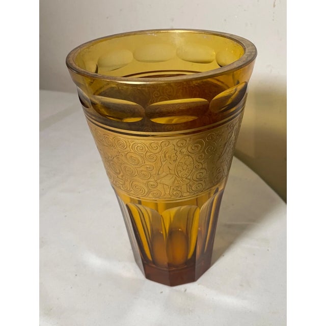 1920s High Quality Antique Ornate Moser Karlsbad Orange Amber Brass Crystal Glass Vase For Sale - Image 5 of 14