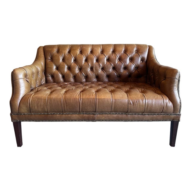 Vintage Chesterfield-Style Tufted Leather Loveseat With Nailhead Trim For Sale