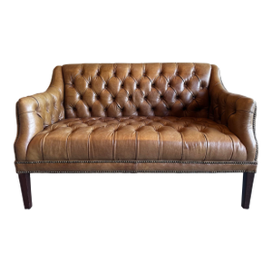 Vintage Chesterfield-Style Tufted Leather Loveseat With Nailhead Trim