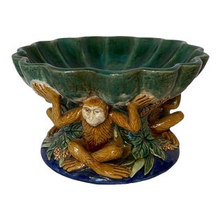 Vintage Majolica Monkey With Decorative Bowl For Sale