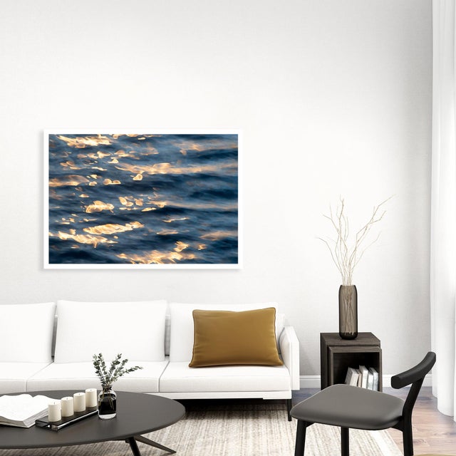 Abstract Ocean Art Print Gold Sparkle on Blue Water Fine Art Print 34x22 by Angela Cameron For Sale - Image 3 of 3