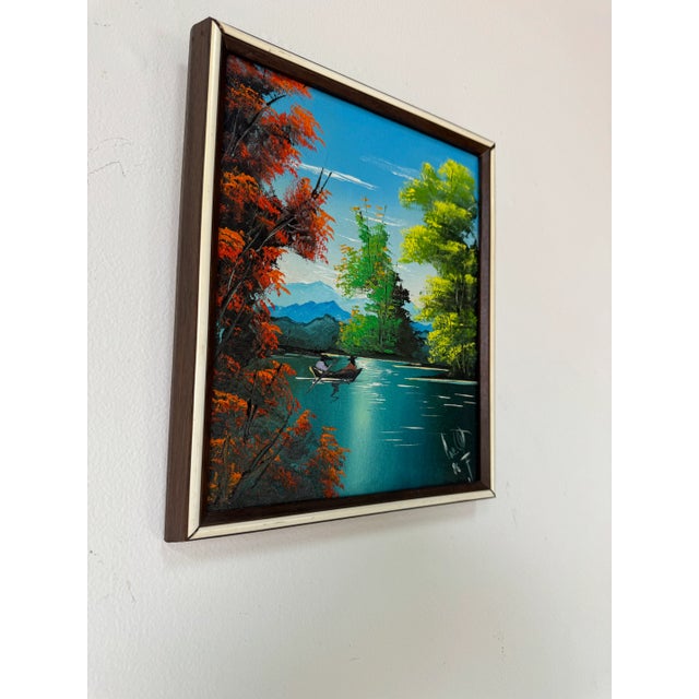 Folk Art 1980's Vintage Haitian Lake Scene Canoeing Oil Paint on Canvas - Framed For Sale - Image 3 of 9