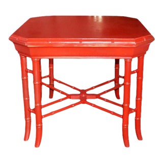 Hollywood Regency Candy Apple Red Faux Bamboo Game or Occasional Table For Sale