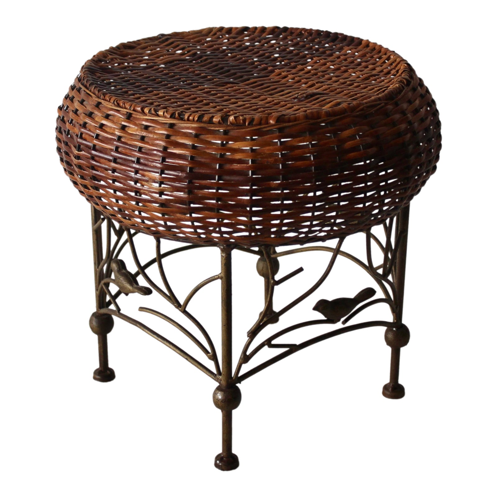1980s Woven Wicker Low Stool Footrest Bronze Finish Metal Base Birds ...