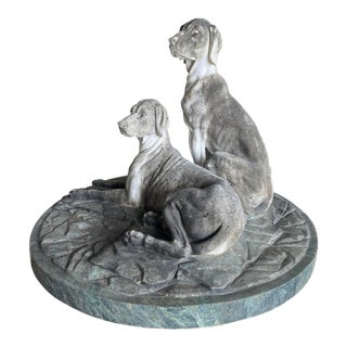 1980s Cast Marble Sculpture of Two Hunting Dogs on a Round Base For Sale