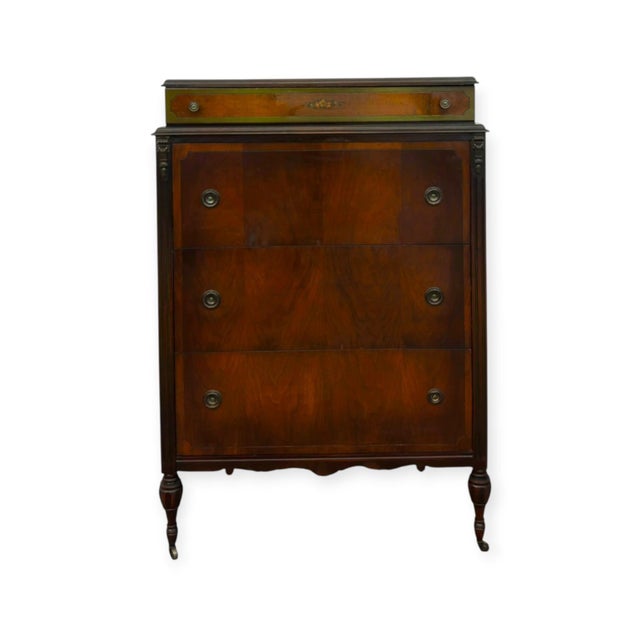 Antique 4-Drawer Wood Tallboy Chest of Drawers With Painted Accents For Sale - Image 4 of 14