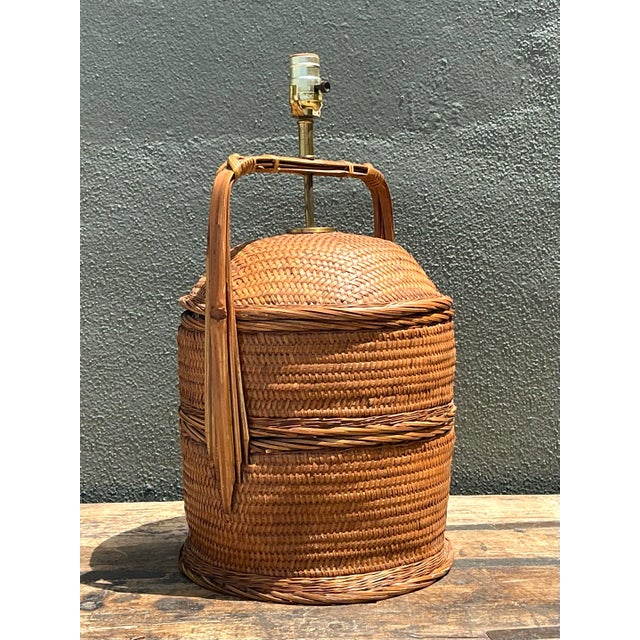 Vintage Woven Rattan Basket Lamp For Sale - Image 11 of 12