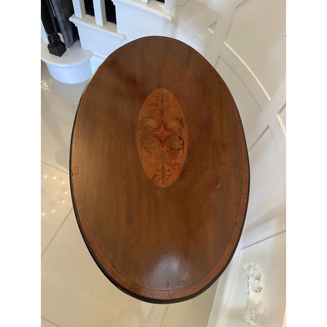Brown Antique Edwardian Oval Inlaid Mahogany Lamp Table For Sale - Image 8 of 16