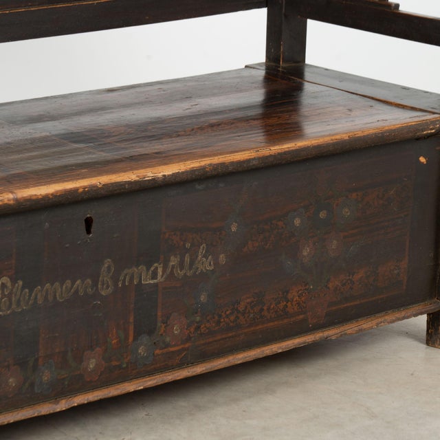 Original Hand-Painted Hungarian Pine Folk Art Storage Bench Circa 1890-1920 For Sale - Image 9 of 13