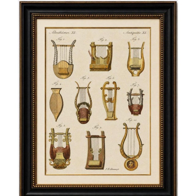 Original antique print of ancient greek and roman lyres by bertuch, 1802 original antique hand-colored copper engraving...