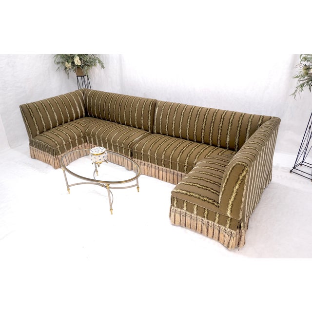 Two Way Two Part "C" Shape Striped Upholstery Custom Sofa Couch w/ Tassels MINT! For Sale - Image 14 of 16