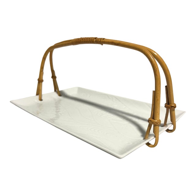 MCM Neiman Marcus Japanese Porcelain and Bamboo Handled Tray For Sale