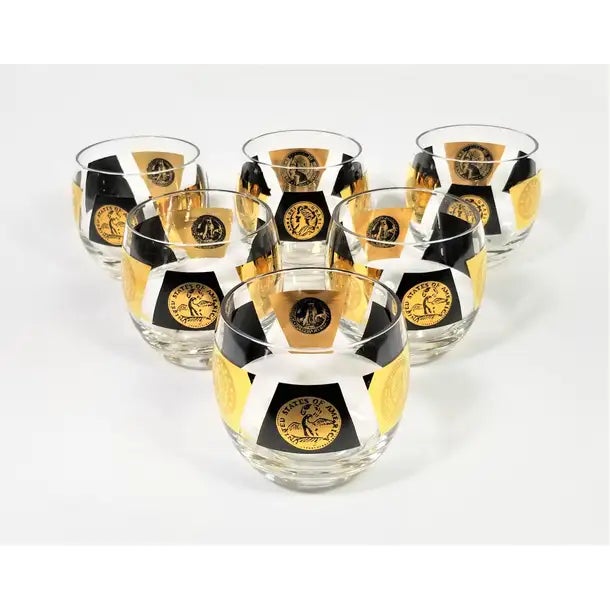 Glass Cera 22-Karat Gold Currency Collection 1960s Mid Century Signed Glassware Barware. Set of 6. For Sale - Image 7 of 12