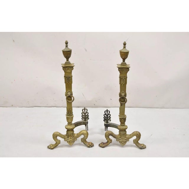 Antique French Empire Bronze Urn Finial Fireplace Andirons With Paw Feet - a Pair For Sale - Image 11 of 12