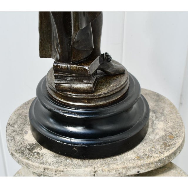 Wood Antique Spelter Figure of European Renaissance Scholar on Wooden Base For Sale - Image 7 of 13