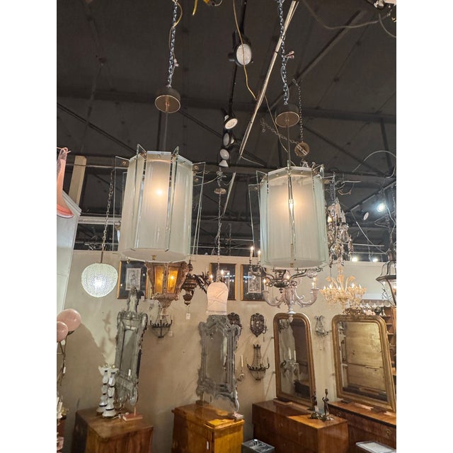 Metal Pair of Italian Modern Pale Green Frosted Glass Lanterns For Sale - Image 7 of 7