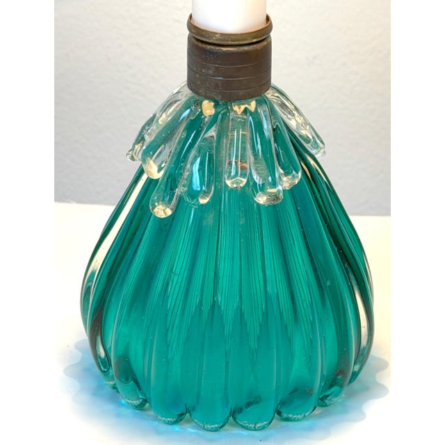 Mid 20th Century Mid 20th Century Archimede Seguso Murano Ribbed Emerald Green Glass Lamp Applied Crystal Collar For Sale - Image 5 of 16