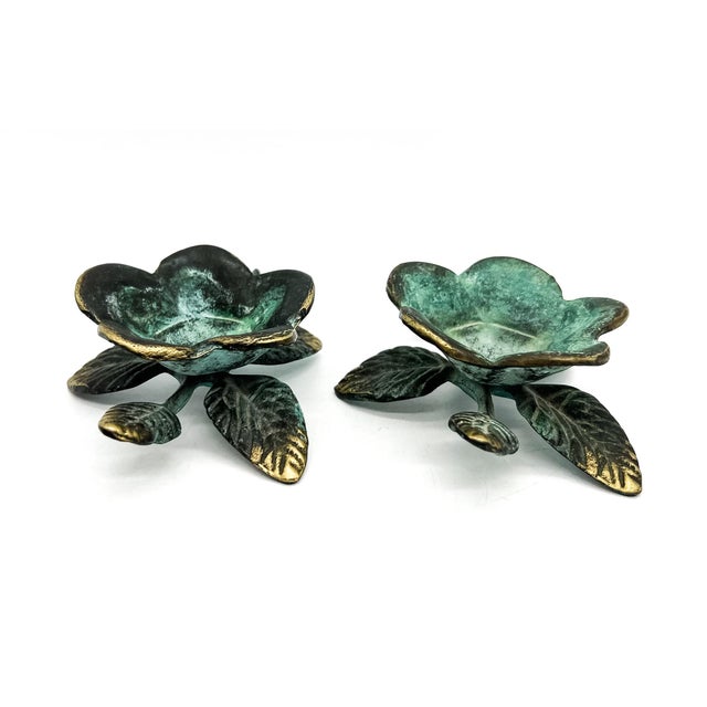 Metal Pair of Vintage Verdigris Brass Floral Sculptures / Candle Holders – Hollywood Regency / Botanical Style For Sale - Image 7 of 10