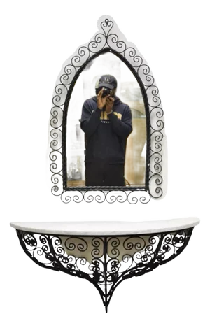 Antique French Art Nouveau Scrolling Wrought Iron Wall Mount Console and Mirror