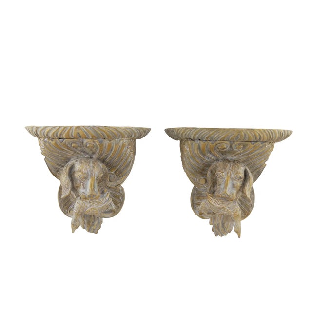 A Pair of Vintage Wooden Hand-Carved Gold Dog Head Wall Brackets For Sale - Image 10 of 10